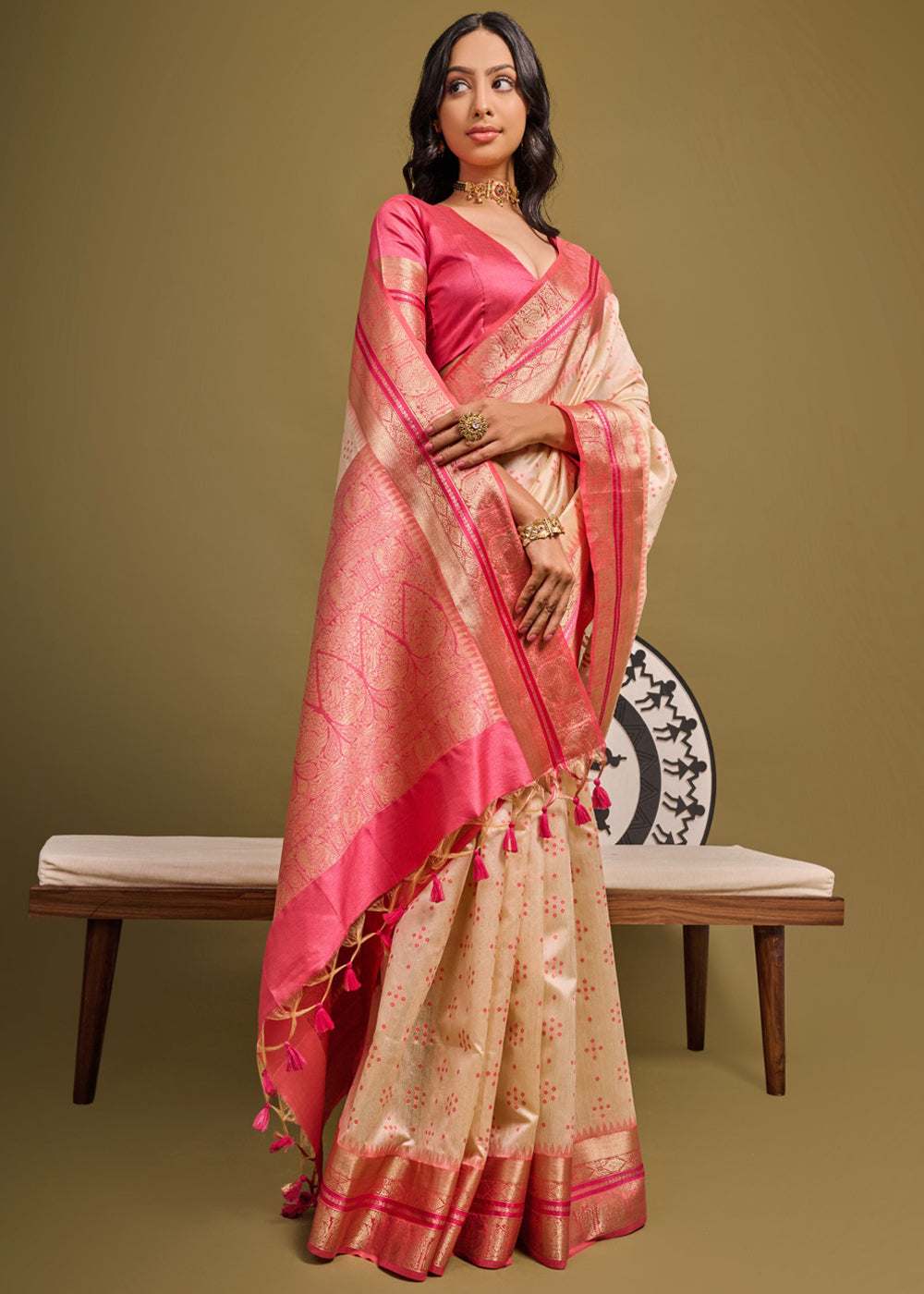 Romantic Cream and Pink Woven Banarasi Soft Silk Saree