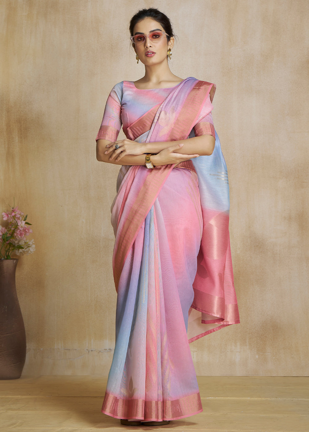 Shilo Pink Tissue Woven Soft Silk Saree