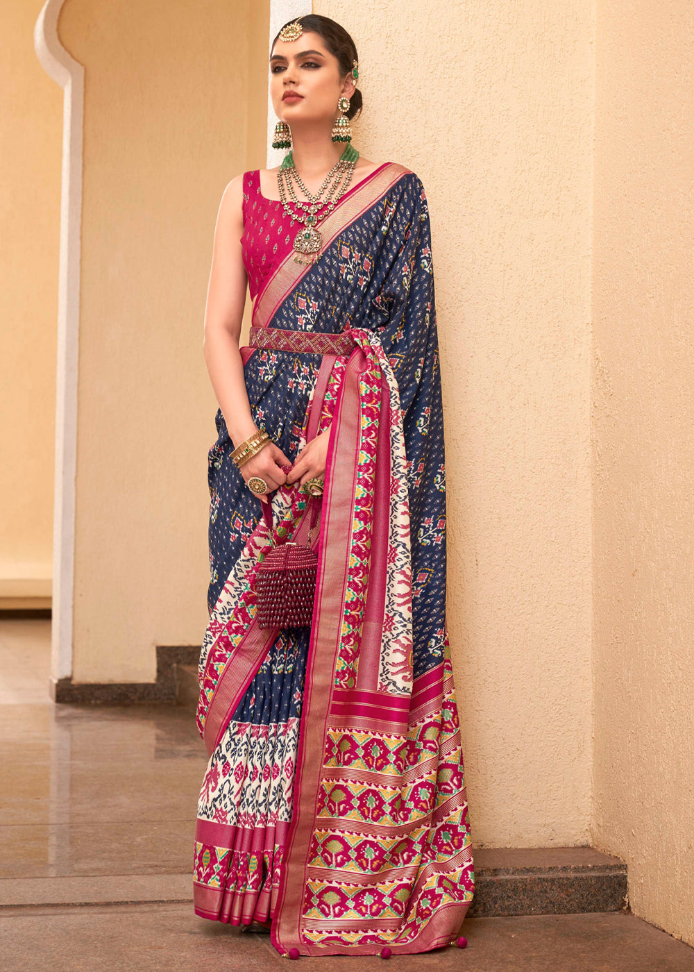 Catalina Blue and Maroon Printed Patola Soft Silk Saree