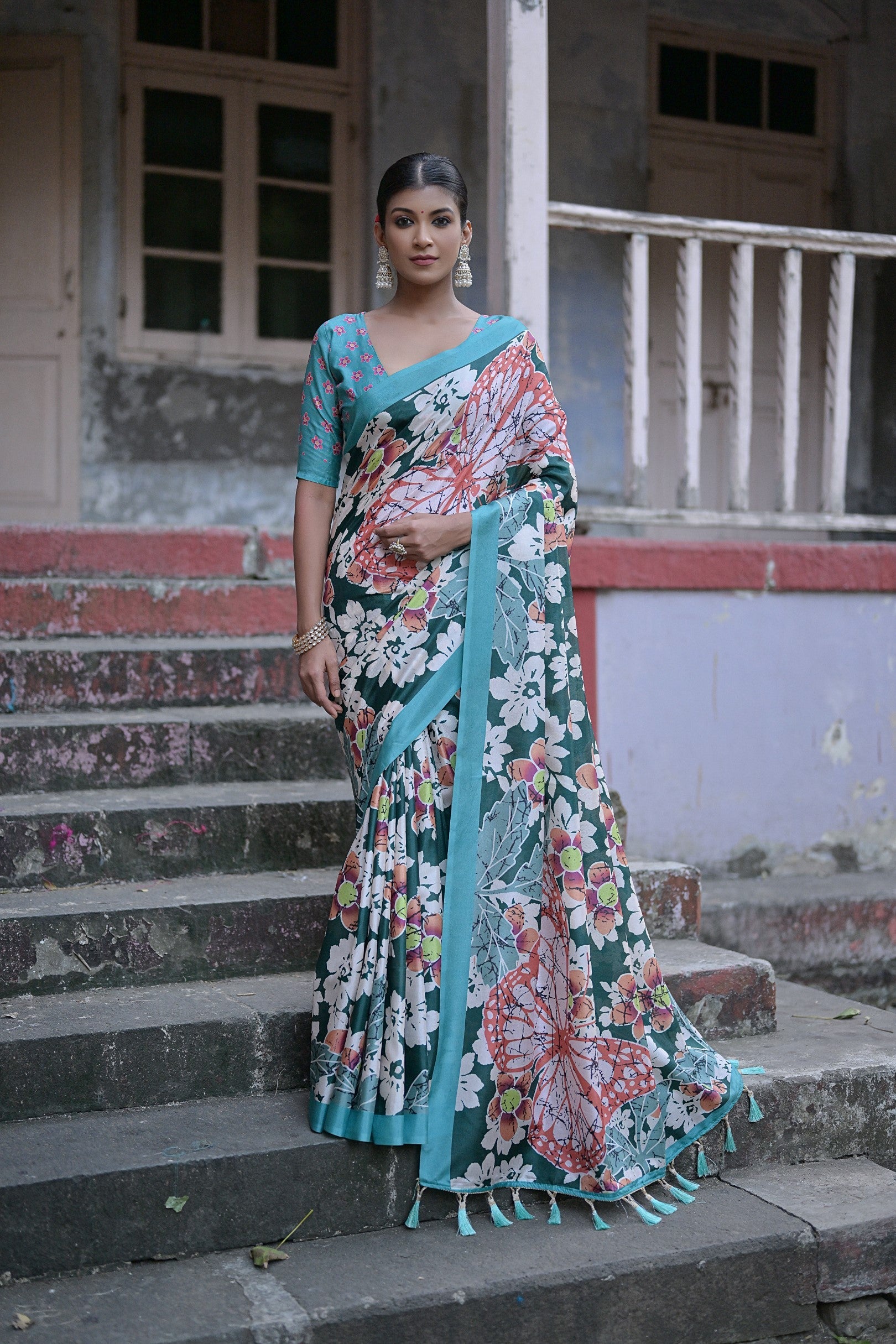 Timber Green Floral Printed Cotton Silk Saree