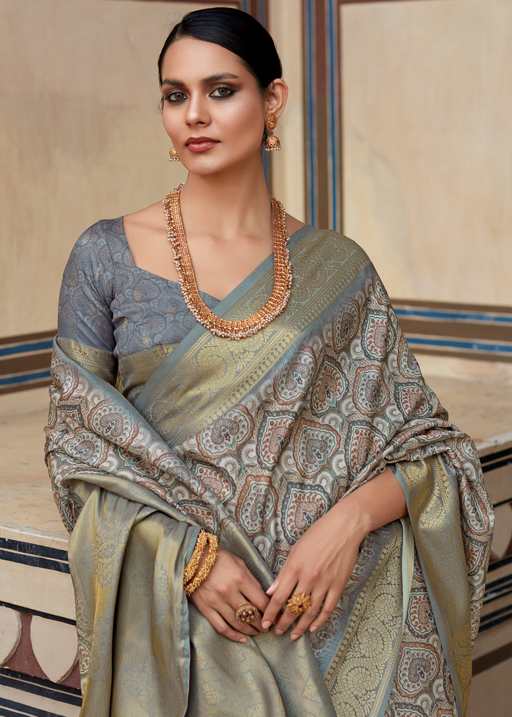 Tower Grey Banarasi Digital Printed Silk Saree