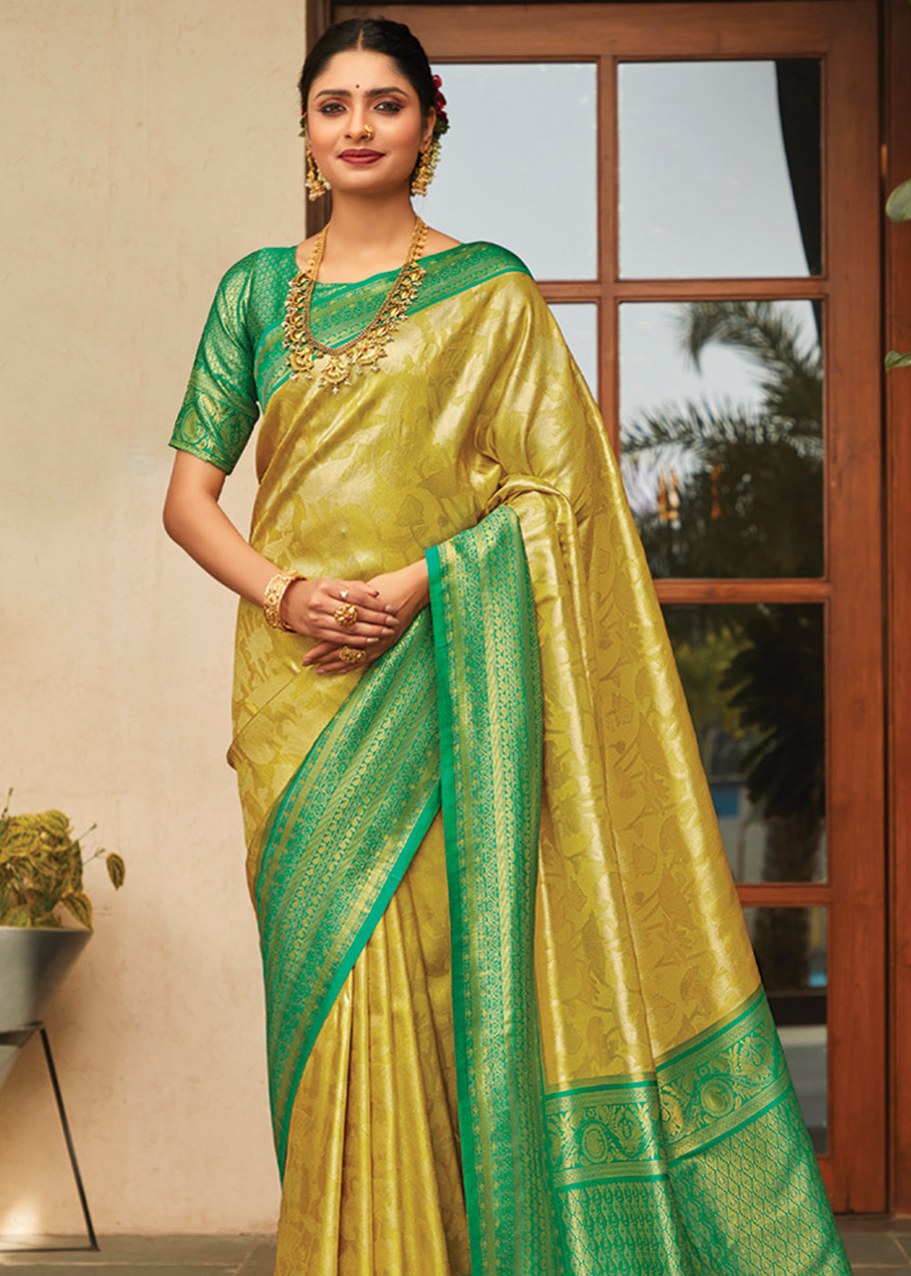 Cream Can Yellow Woven Kanjivaram Saree