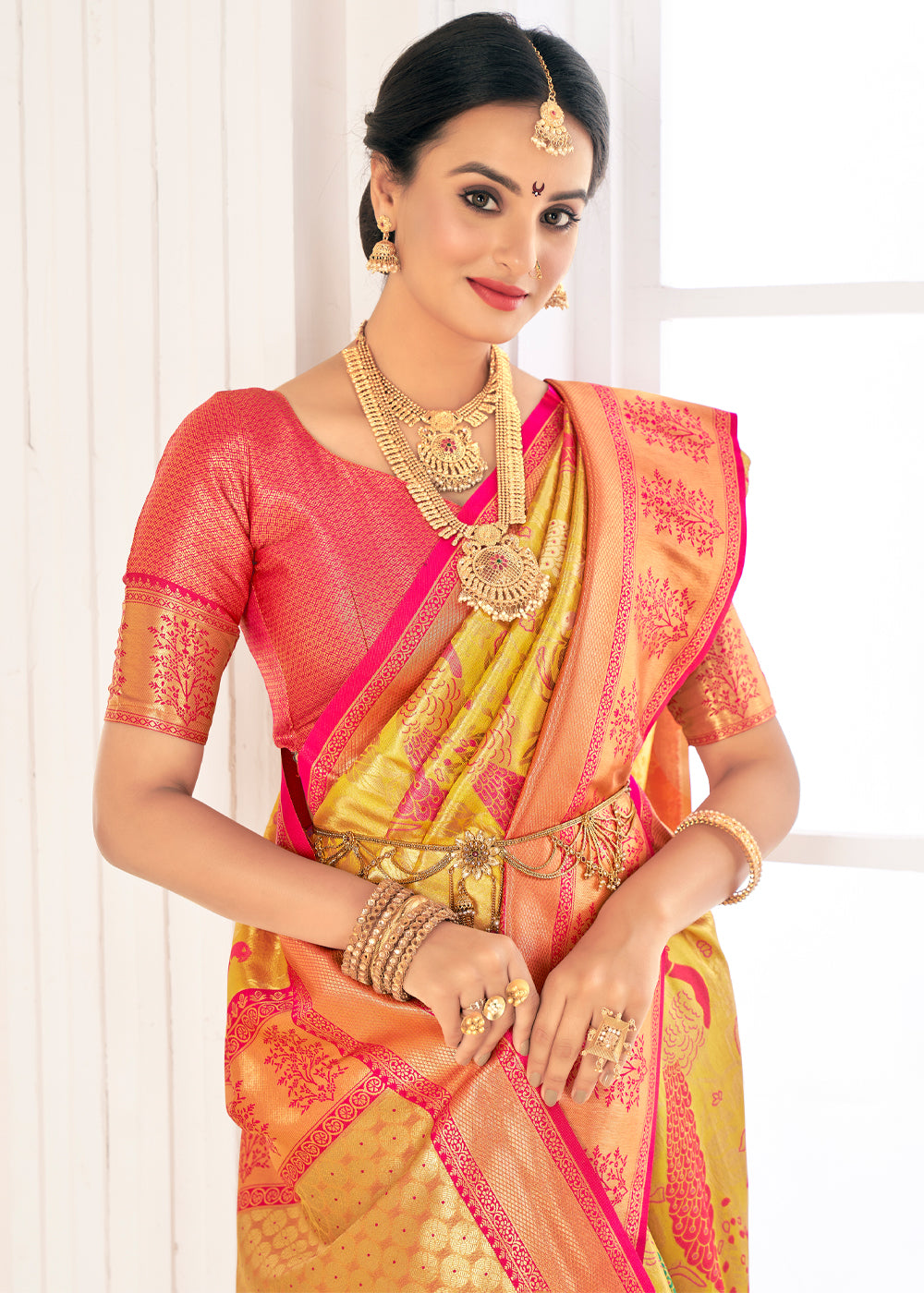 Confetti Yellow Woven Paithani Fusion Kanjivaram Silk Saree