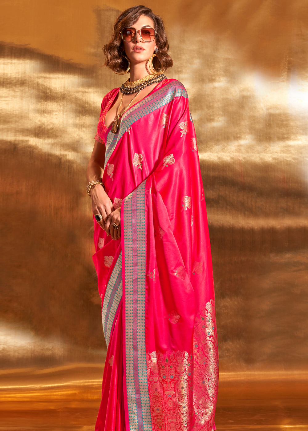 Wild Watermelon Pink Woven Banarasi Satin Silk Saree