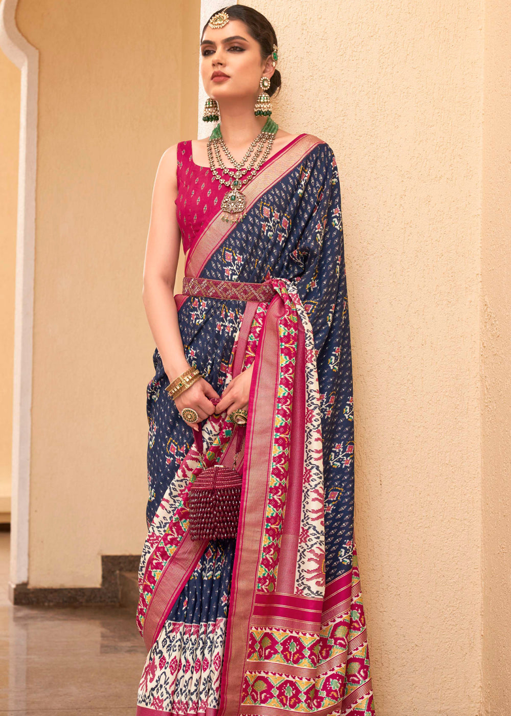 Catalina Blue and Maroon Printed Patola Soft Silk Saree