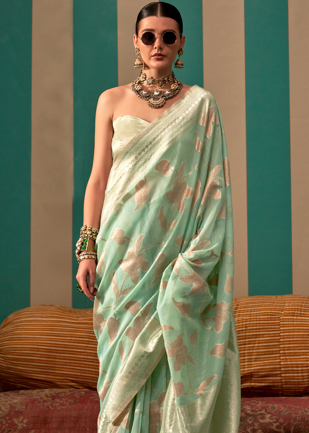 Swamp Green Woven Banarasi Linen Saree