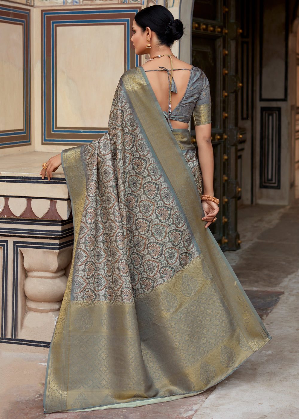 Tower Grey Banarasi Digital Printed Silk Saree