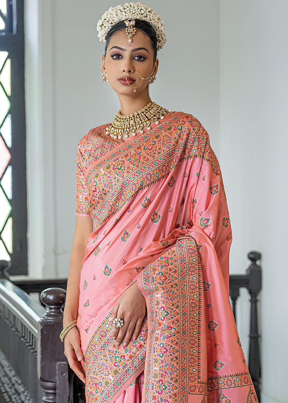 Shimmer Peach Kashmiri Handloom Woven Silk Saree