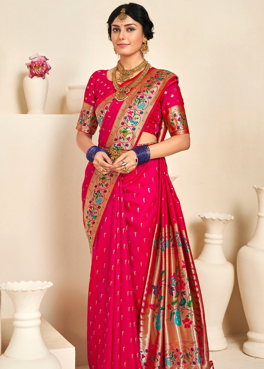 Winter Sky Pink Woven Paithani Silk Saree