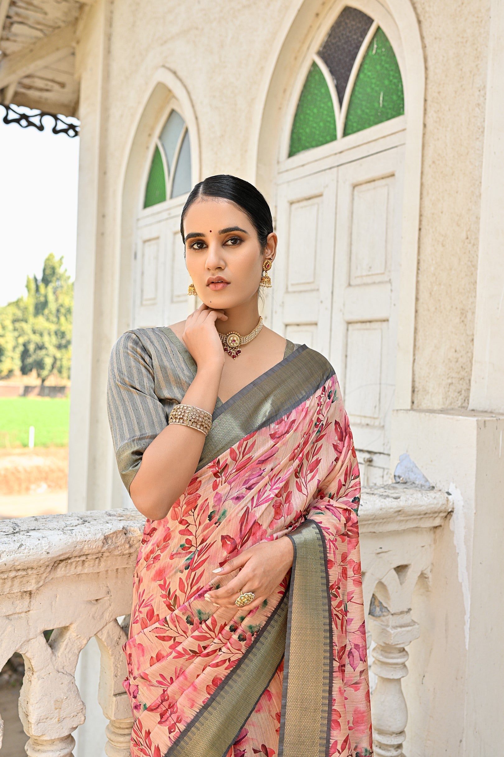 Tonys Peach Tussar Printed Silk Saree