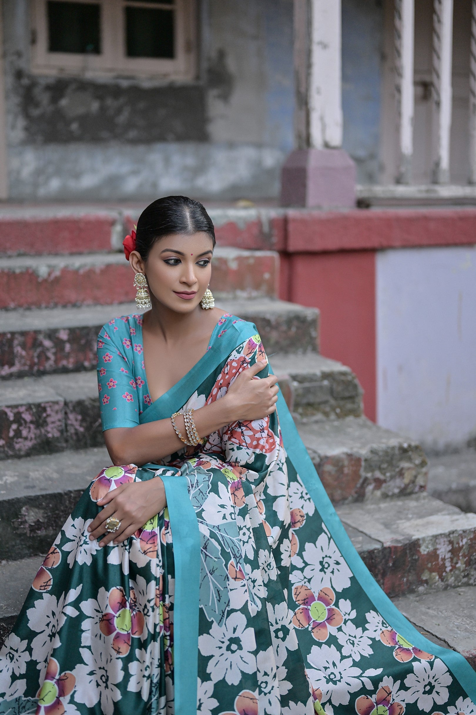 Timber Green Floral Printed Cotton Silk Saree