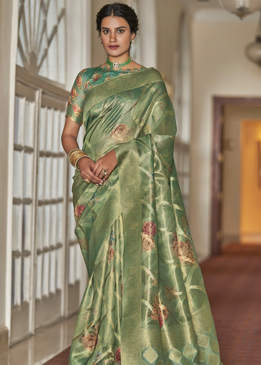 Avocado Green Woven Banarasi Tissue Organza Silk Sare