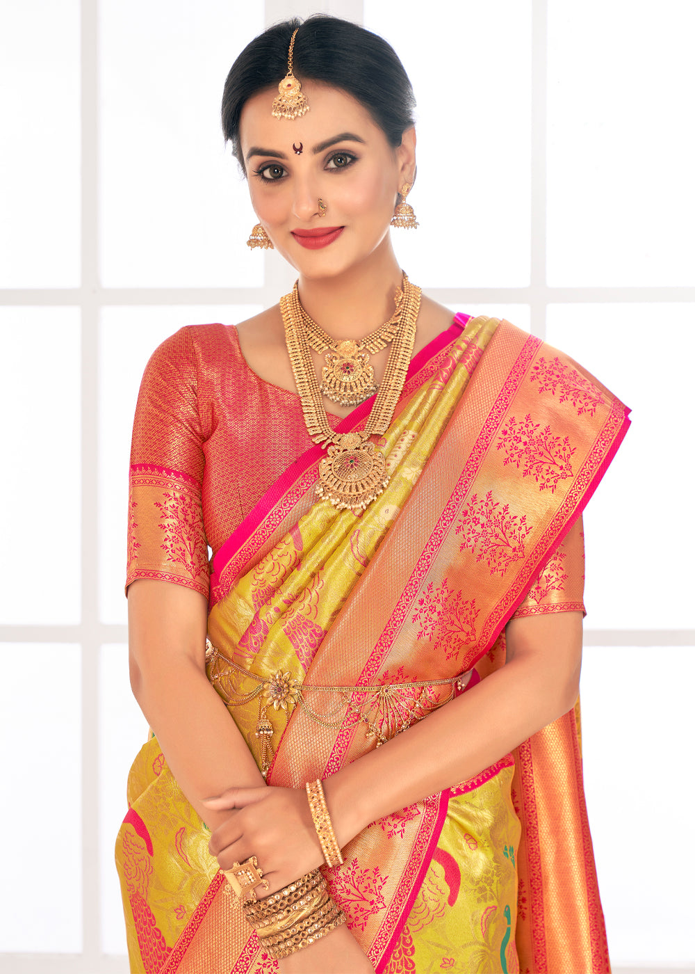 Confetti Yellow Woven Paithani Fusion Kanjivaram Silk Saree