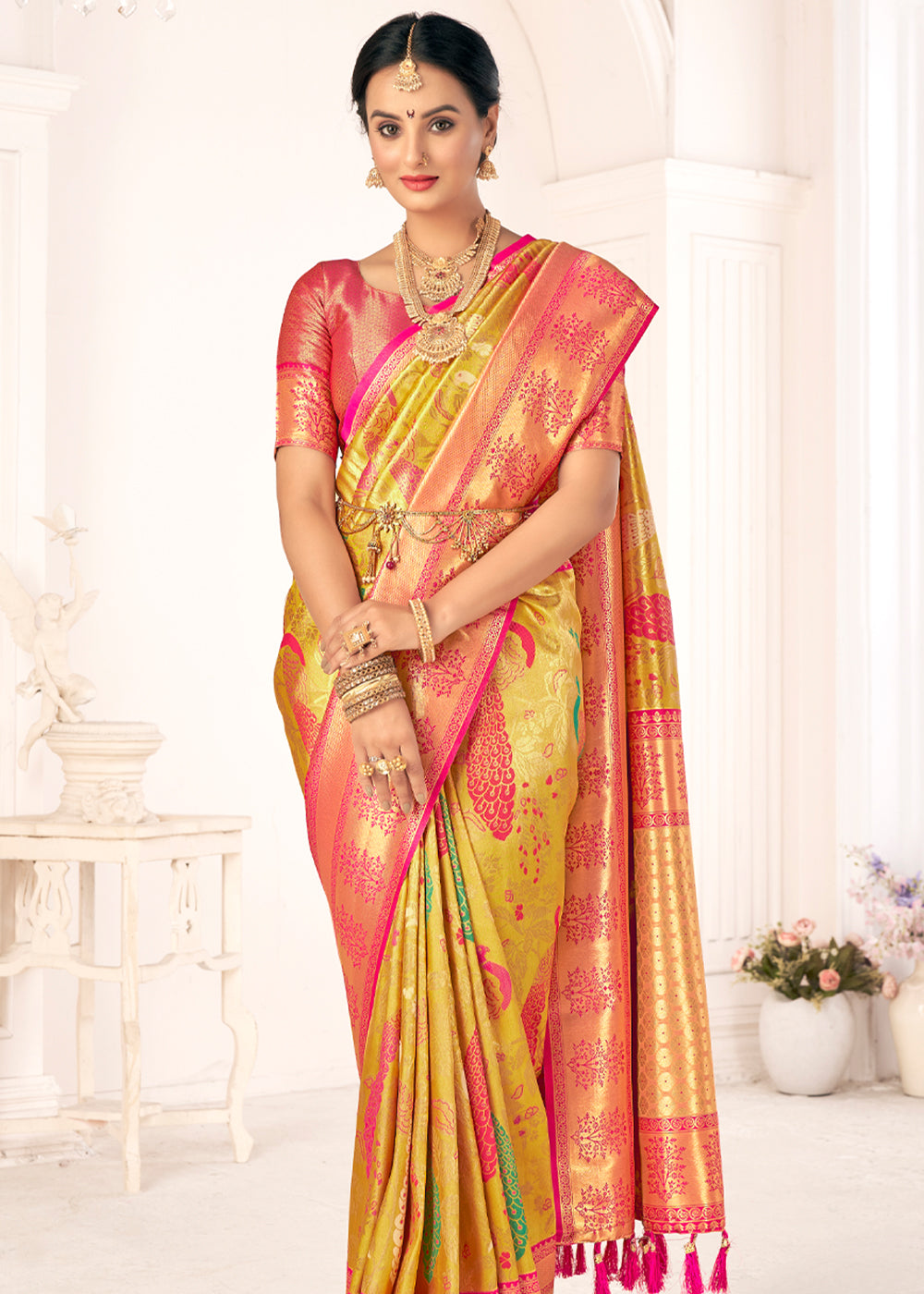 Confetti Yellow Woven Paithani Fusion Kanjivaram Silk Saree