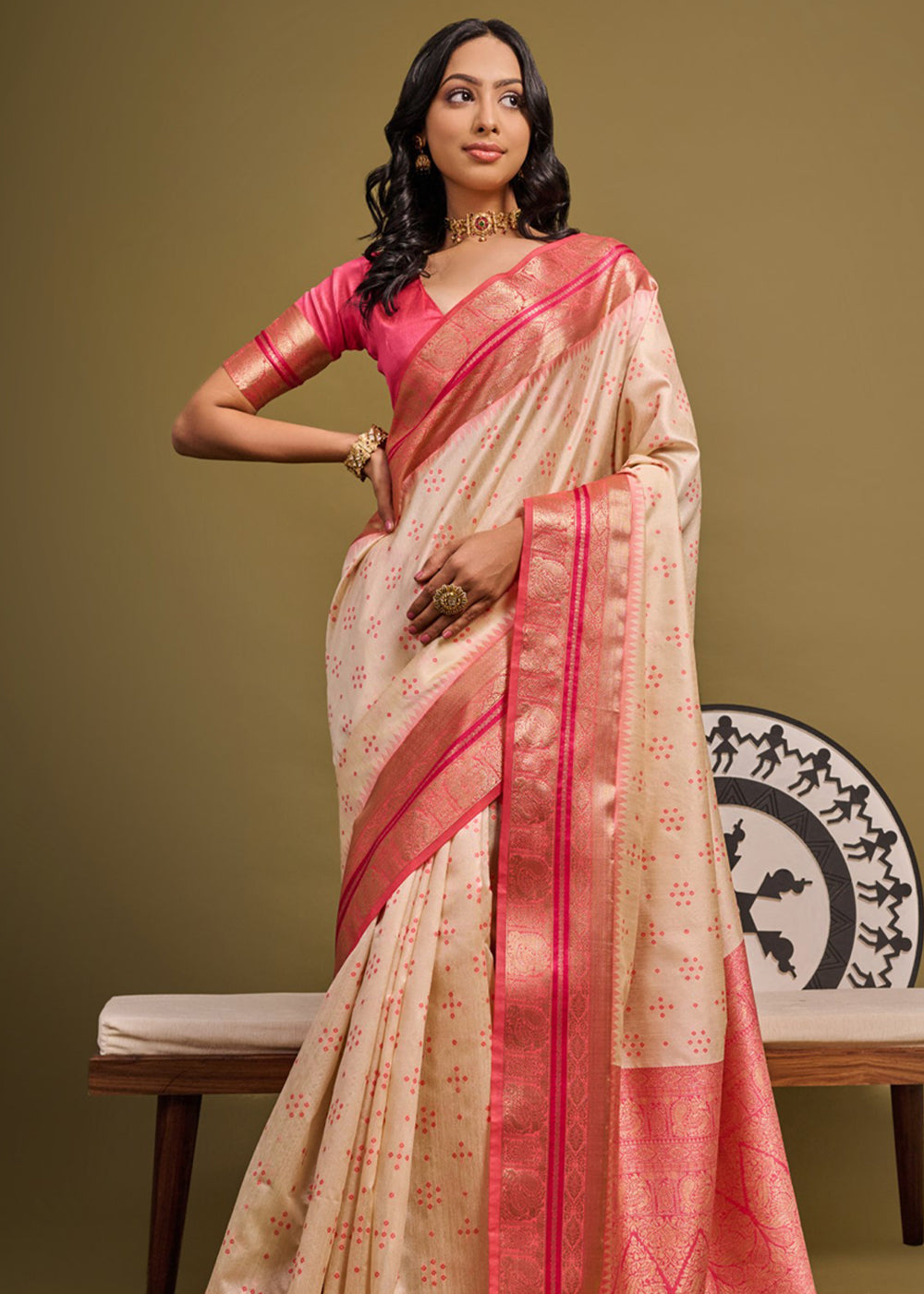 Romantic Cream and Pink Woven Banarasi Soft Silk Saree