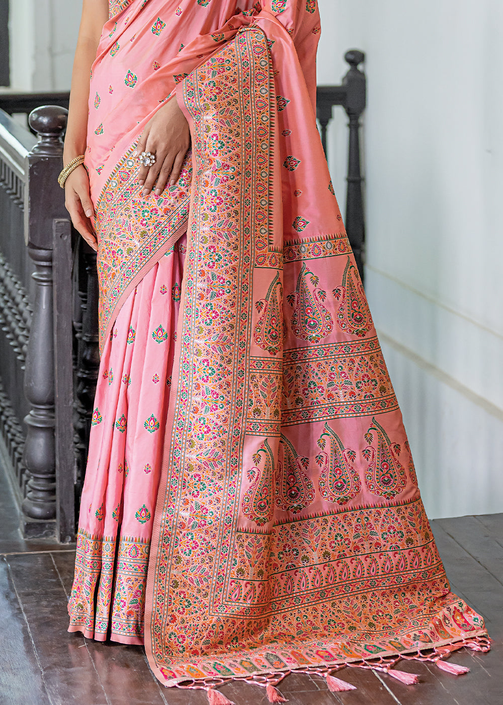 Shimmer Peach Kashmiri Handloom Woven Silk Saree