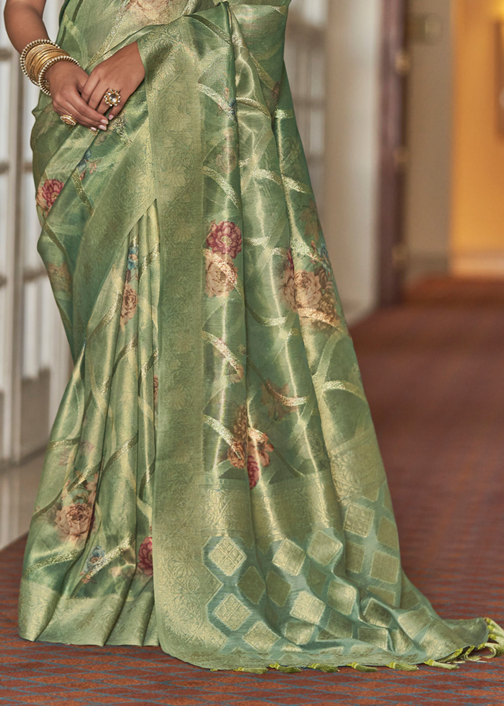 Avocado Green Woven Banarasi Tissue Organza Silk Sare