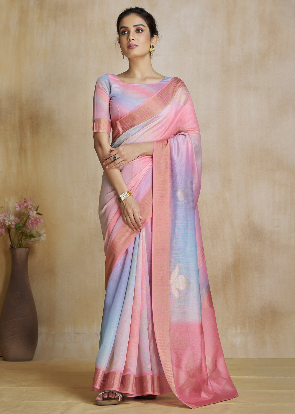 Shilo Pink Tissue Woven Soft Silk Saree