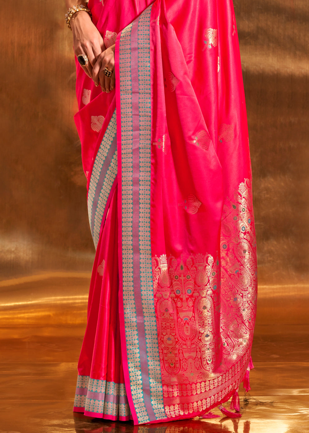 Wild Watermelon Pink Woven Banarasi Satin Silk Saree