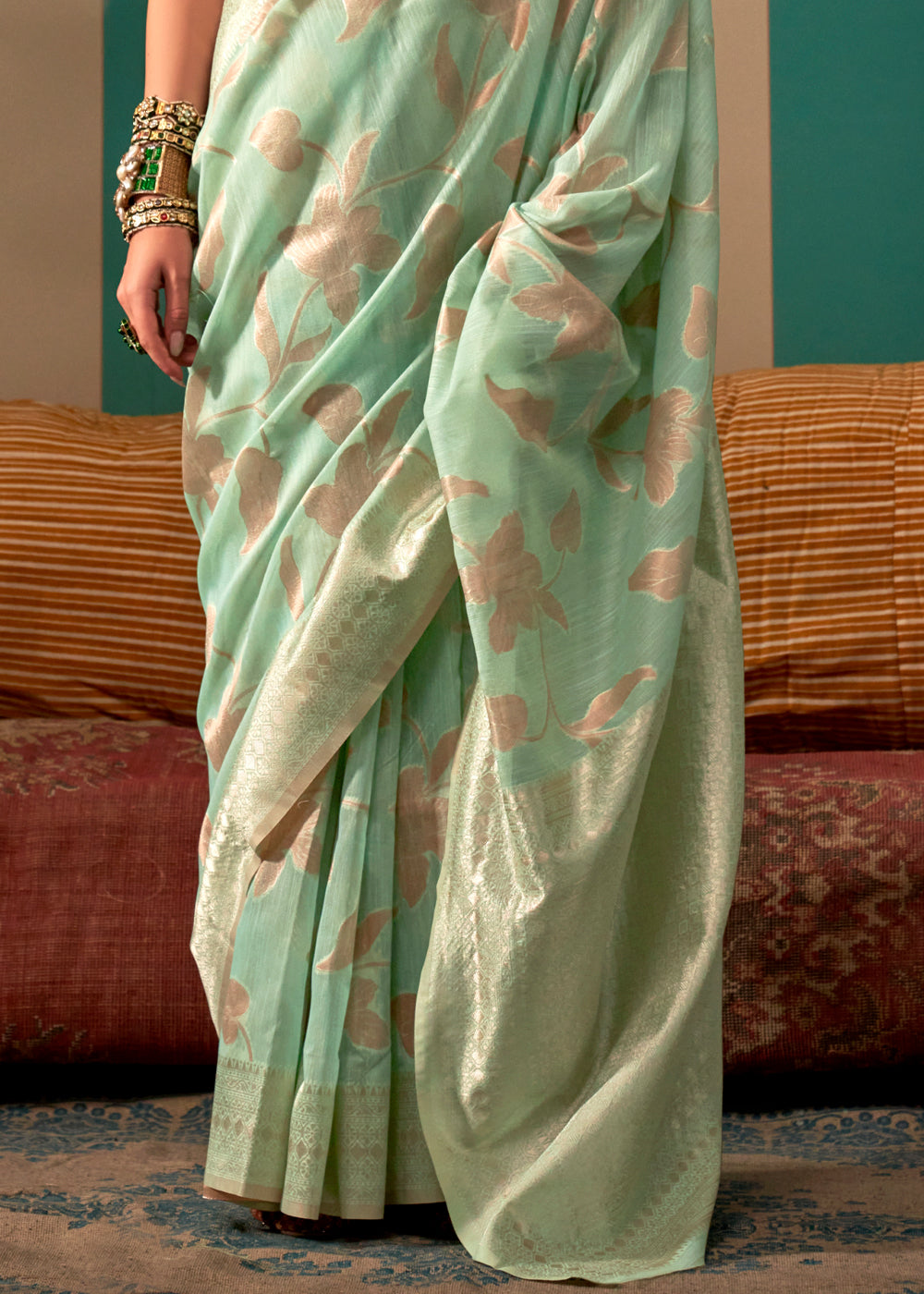 Swamp Green Woven Banarasi Linen Saree