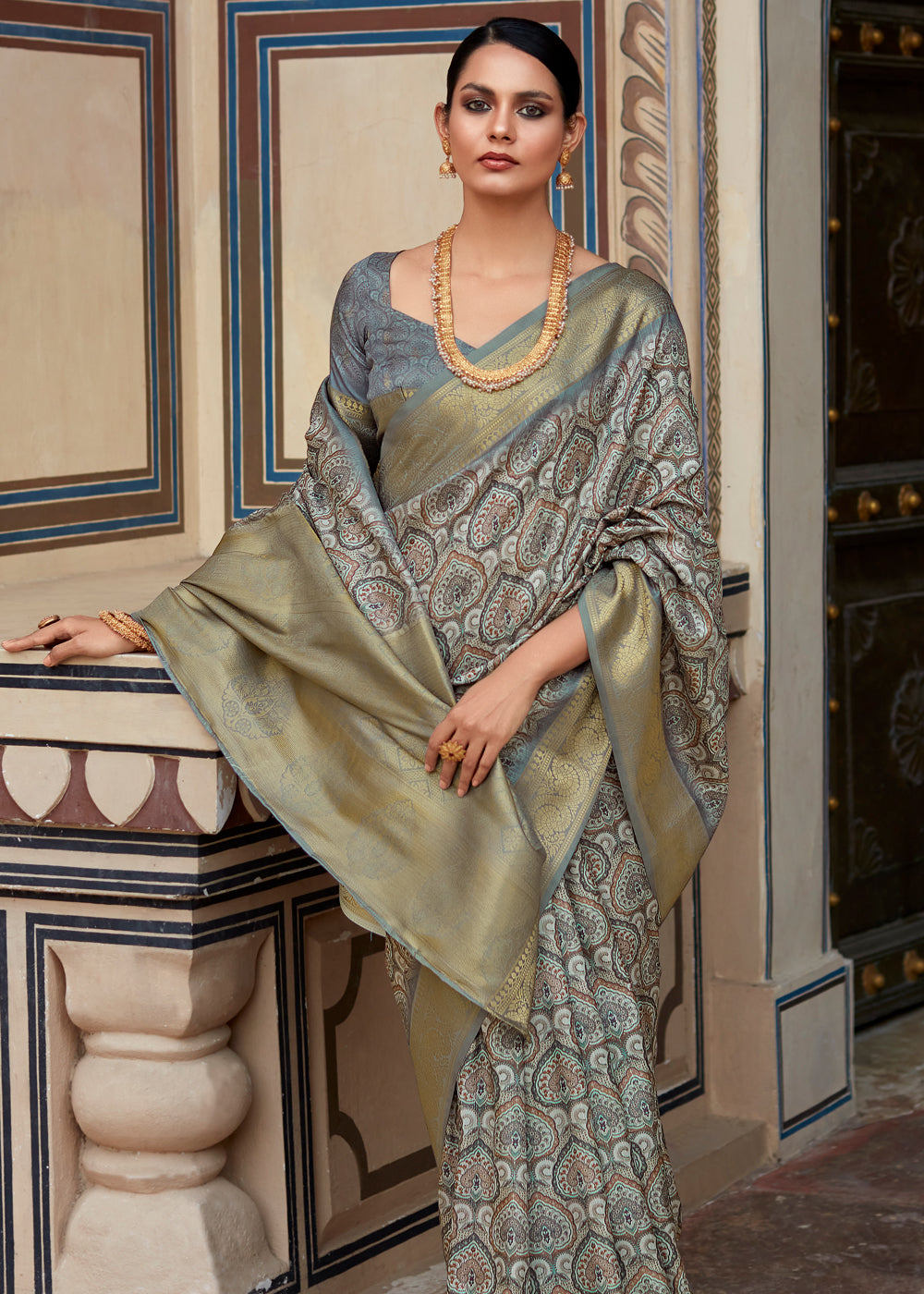 Tower Grey Banarasi Digital Printed Silk Saree