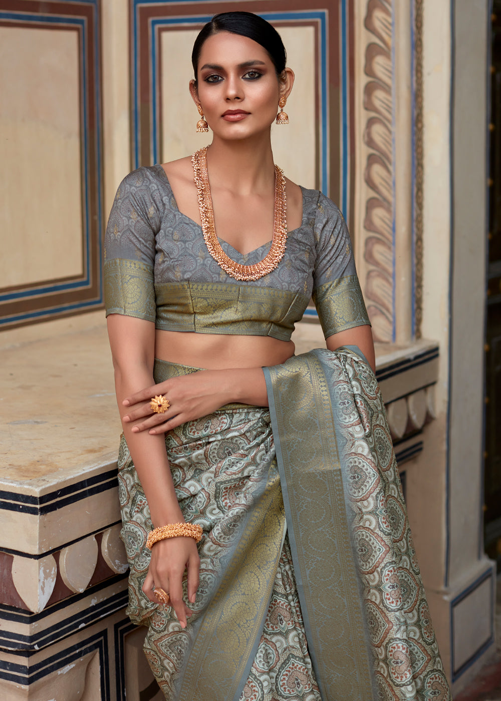 Tower Grey Banarasi Digital Printed Silk Saree