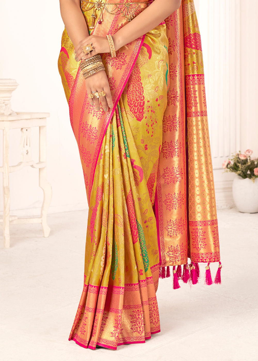 Confetti Yellow Woven Paithani Fusion Kanjivaram Silk Saree