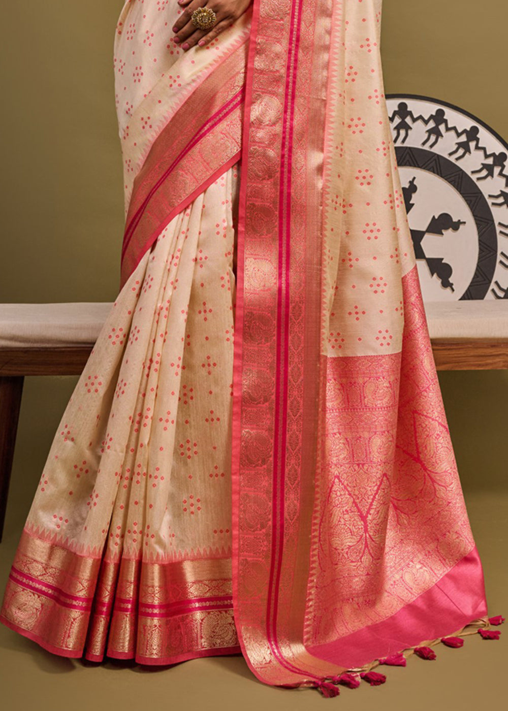 Romantic Cream and Pink Woven Banarasi Soft Silk Saree