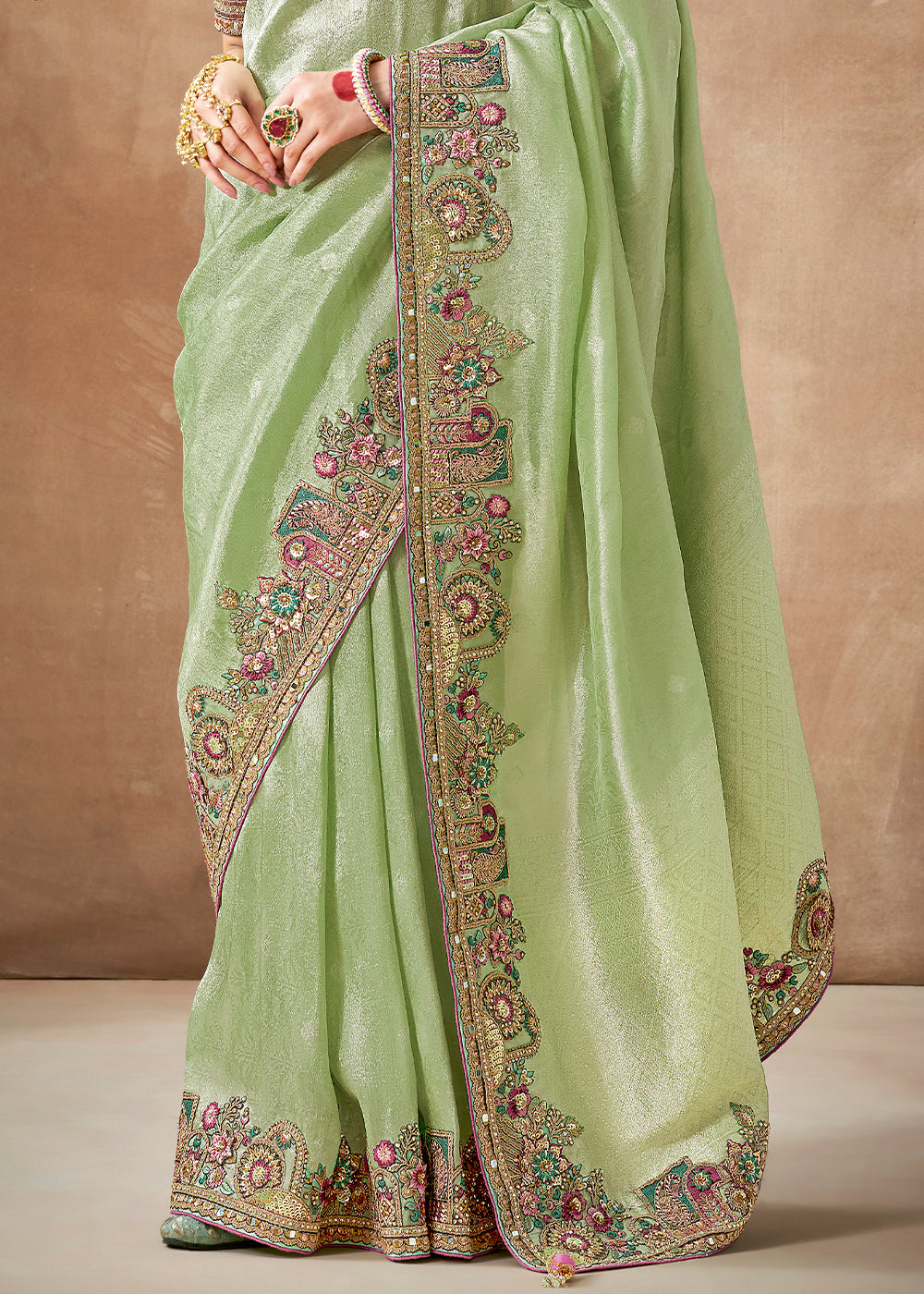 Tea Green  Zari Woven Embroidery Designer Tissue Dola Silk Saree