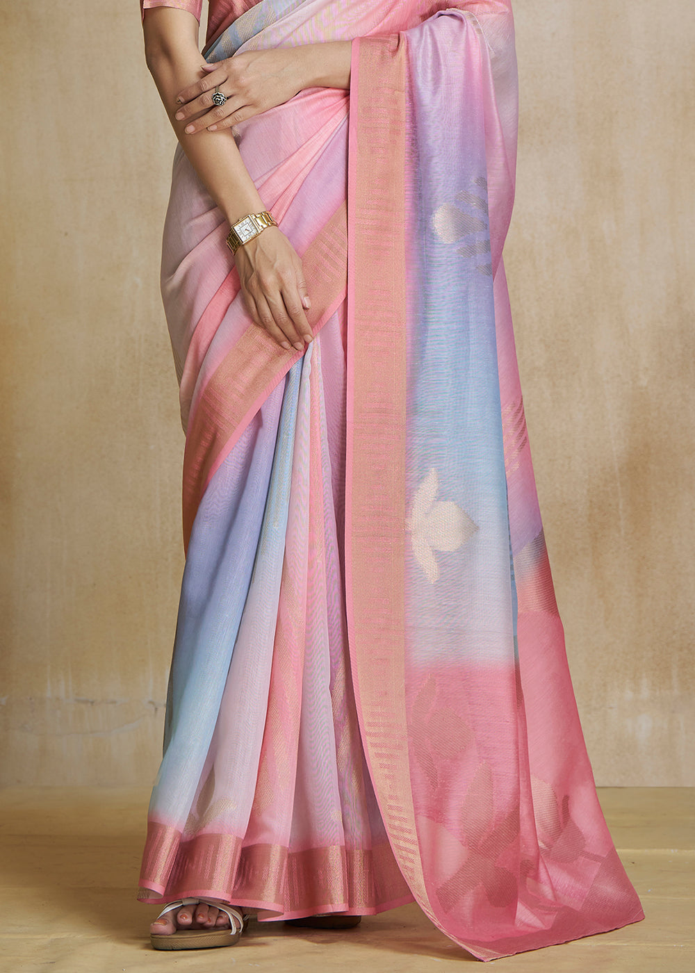 Shilo Pink Tissue Woven Soft Silk Saree