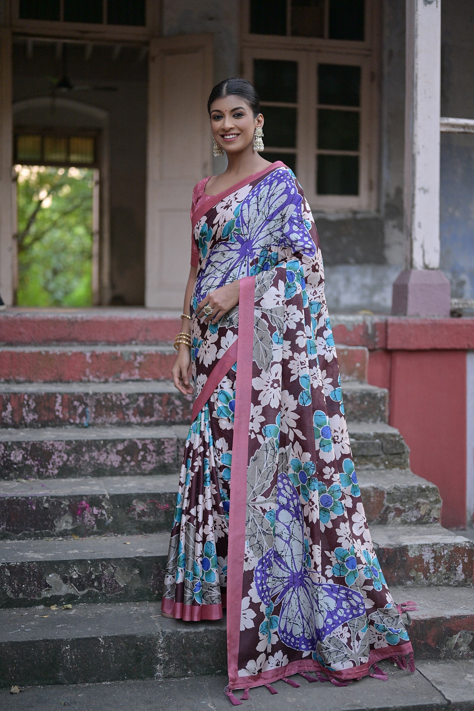 Eggplant Brown Floral Printed Cotton Silk Saree