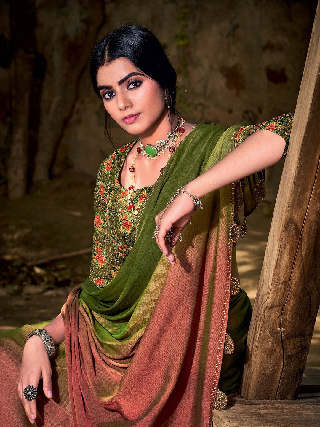 Woodland Green and Brown Chiffon Saree With Printed Blouse