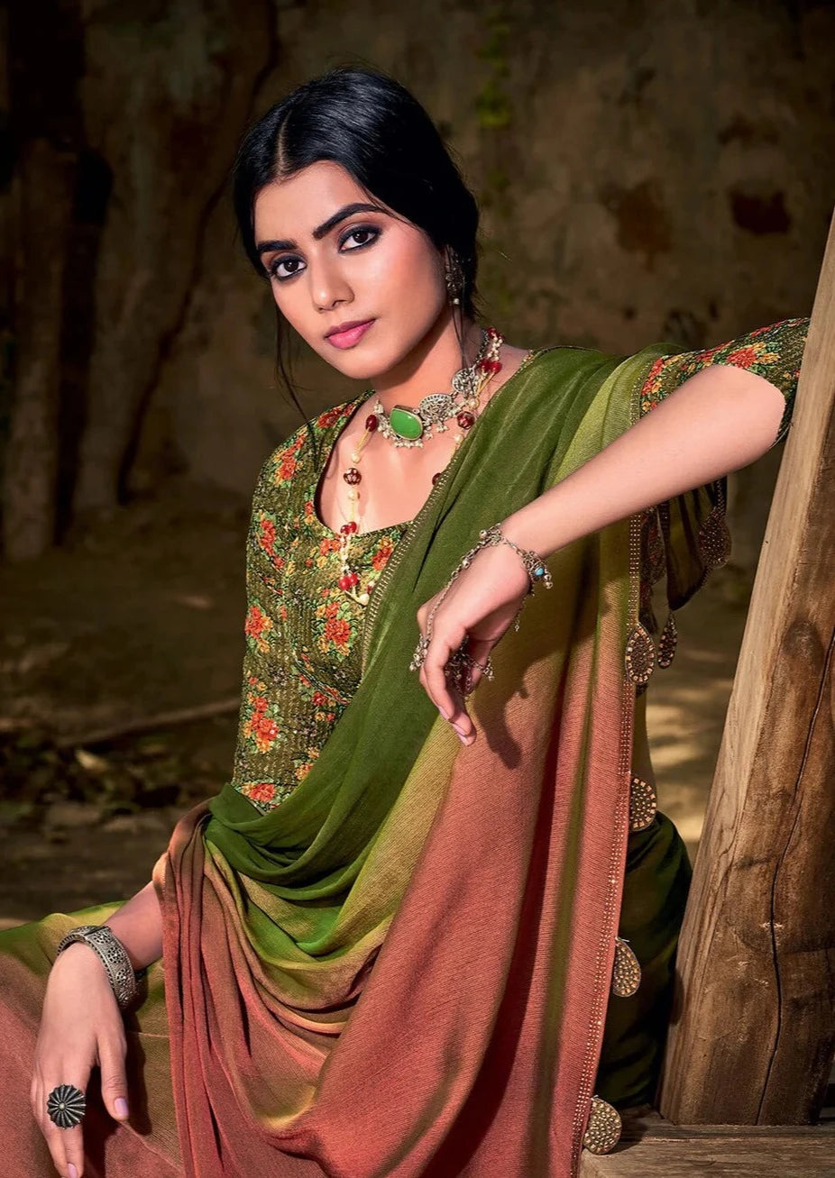 Woodland Green and Brown Chiffon Saree With Printed Blouse