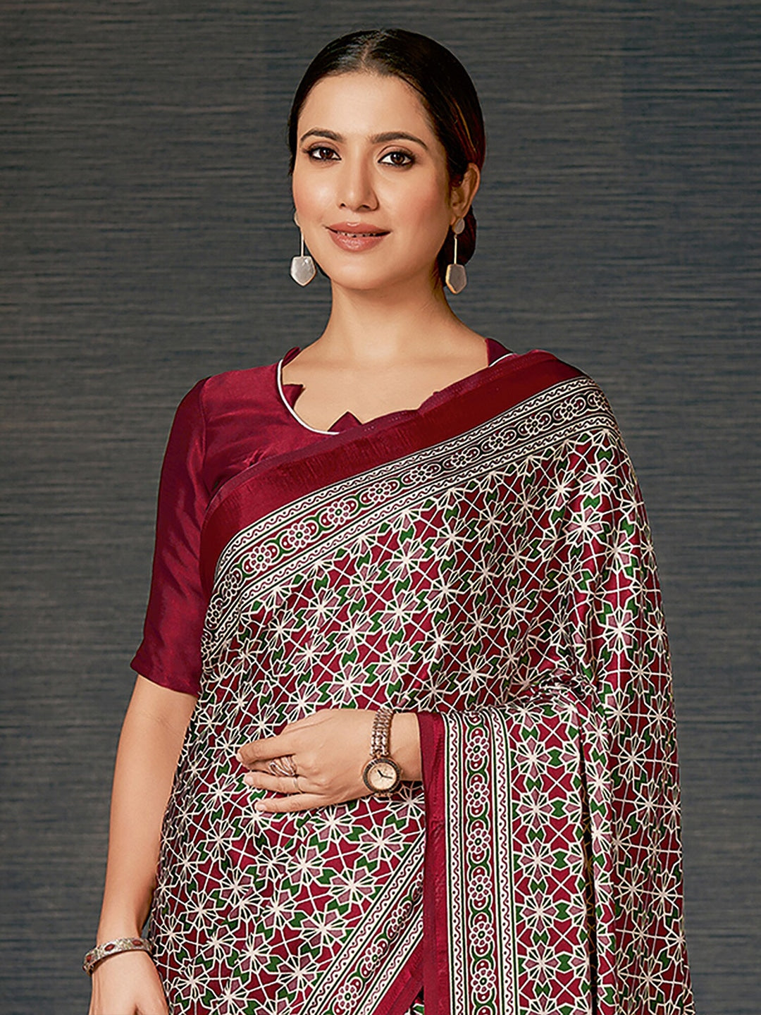 Dark Tan Maroon Digital Printed Ajrakh Satin Crepe Saree