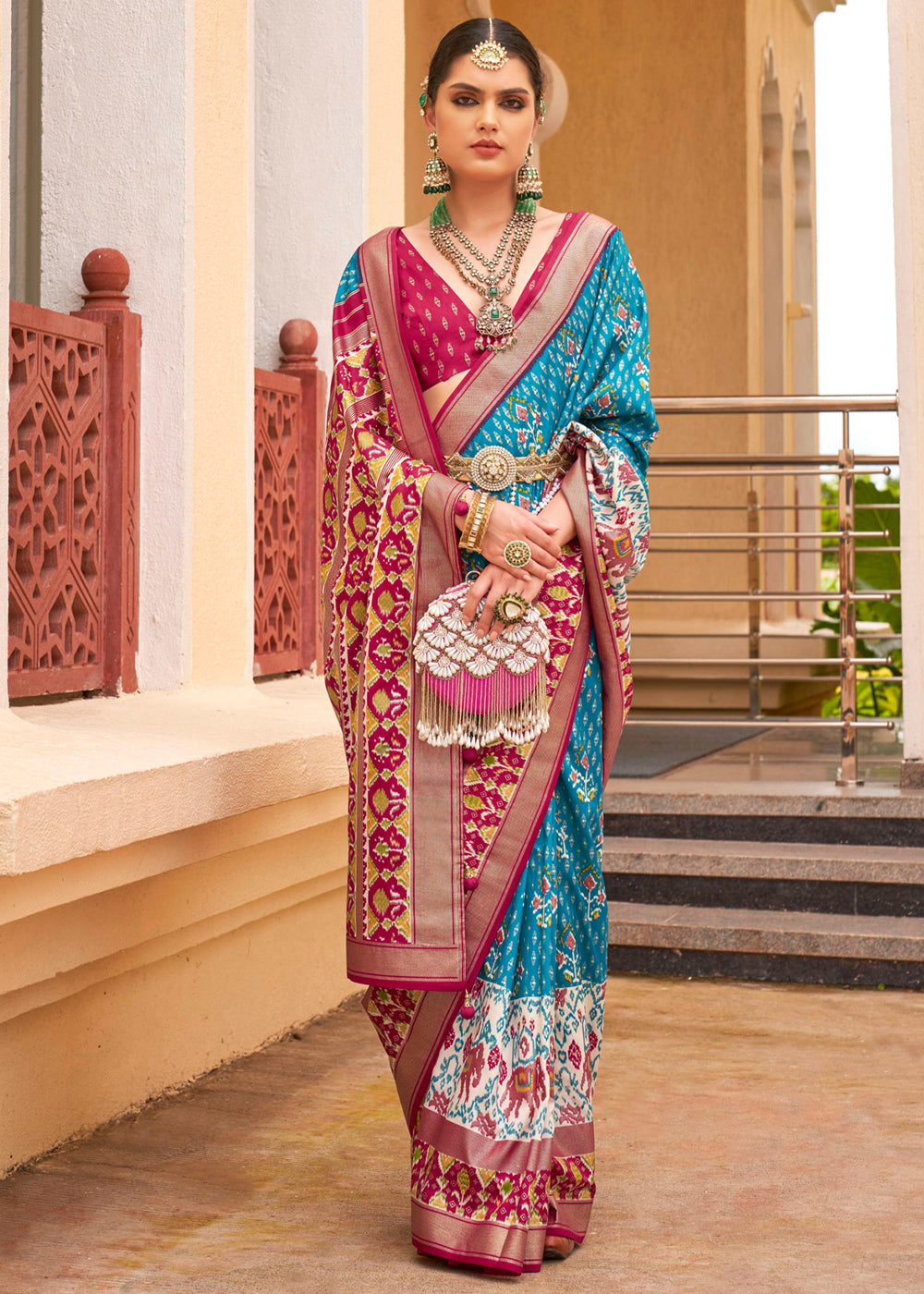 Malibu Blue and Red Printed Patola Soft Silk Saree