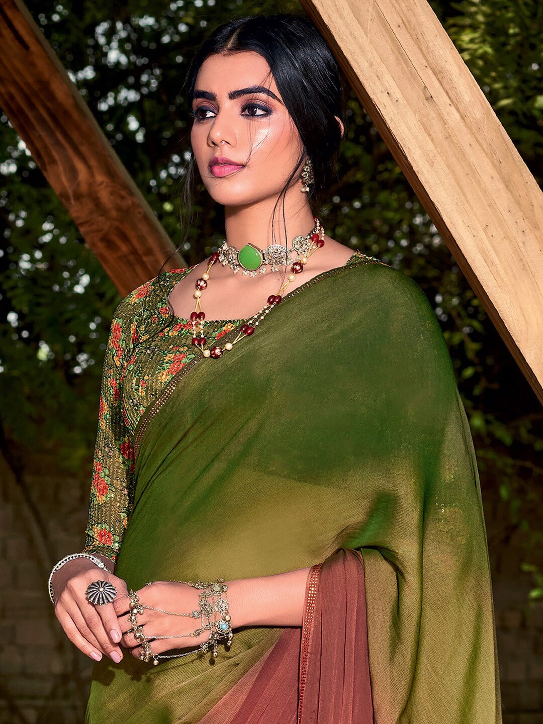 Woodland Green and Brown Chiffon Saree With Printed Blouse