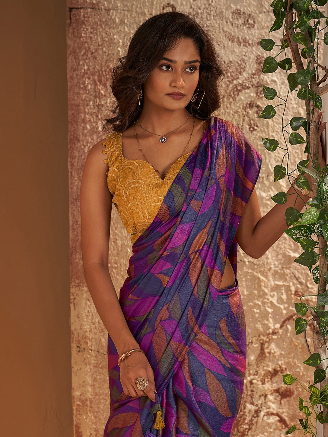 Finn Purple Printed Chiffon Saree With Embroidery Blouse