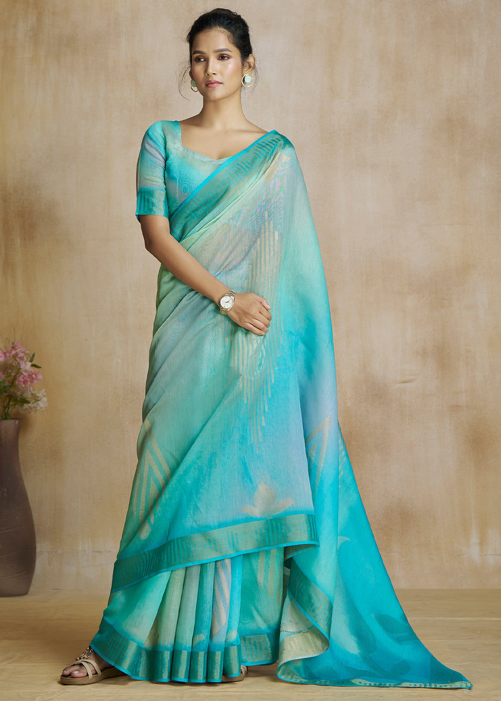 Water Blue Tissue Woven Soft Silk Saree