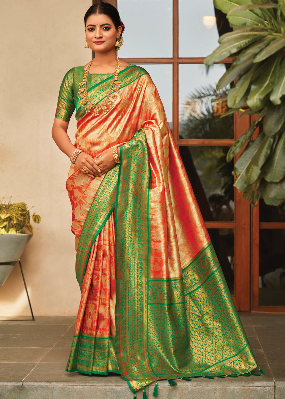 Mandarin Pearl Orange Woven Kanjivaram Saree