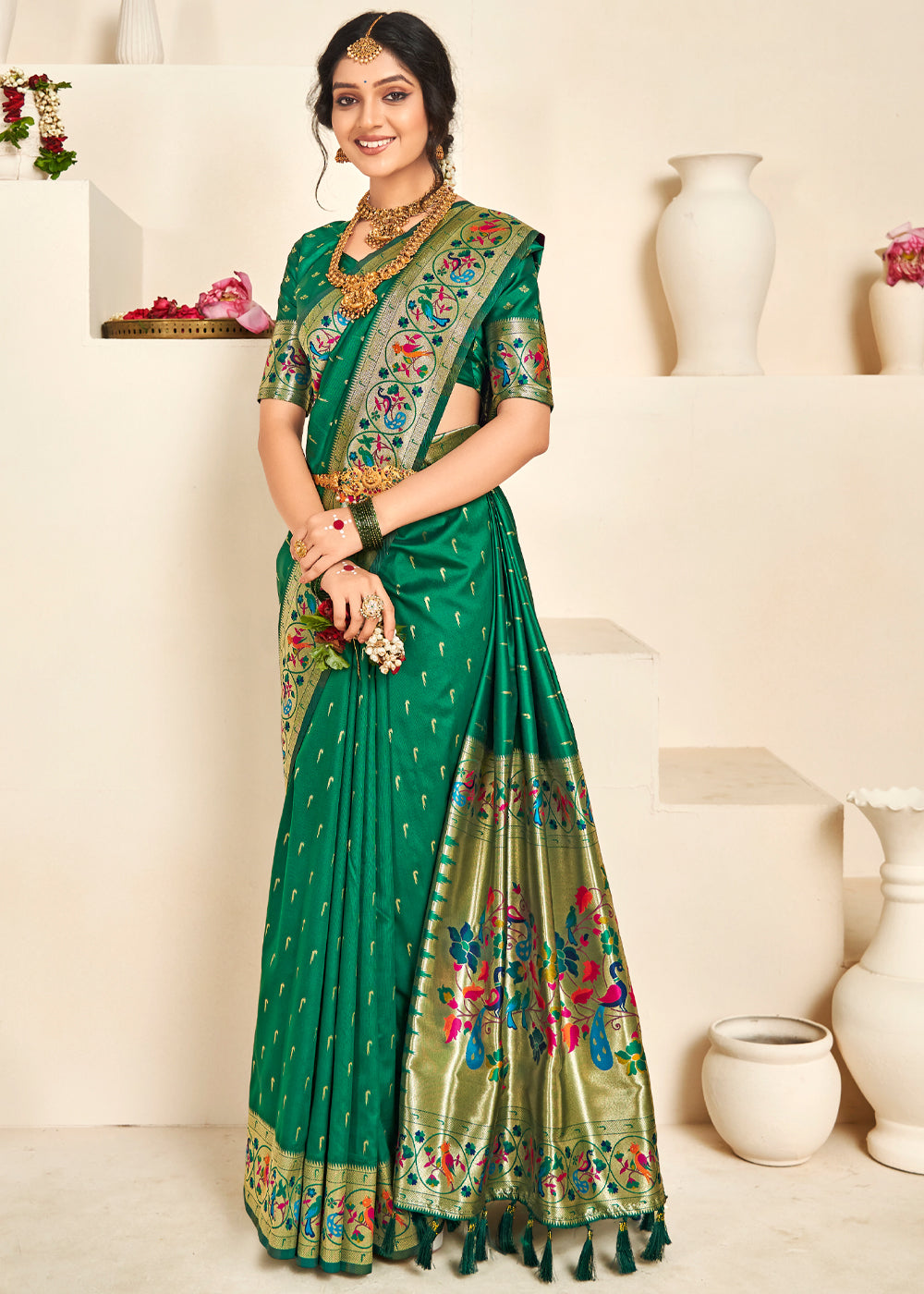 Christmas Tree Green Woven Paithani Silk Saree