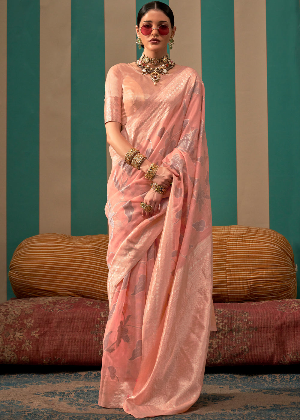 Tonys Peach Woven Banarasi Linen Saree