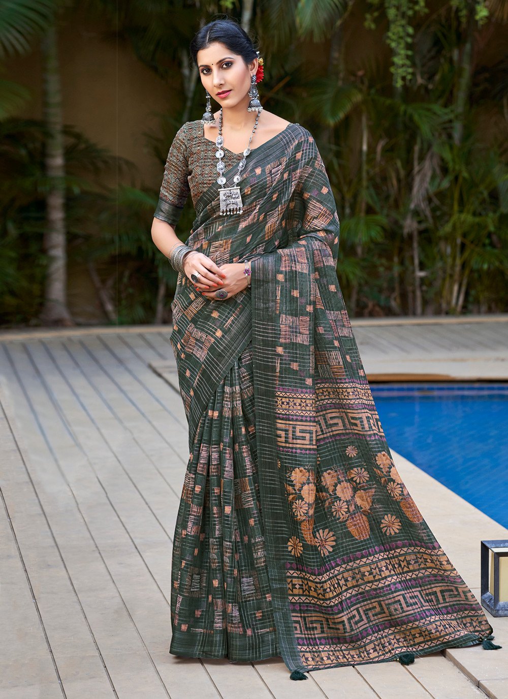 Heavy Metal Green Digital Printed Linen Saree