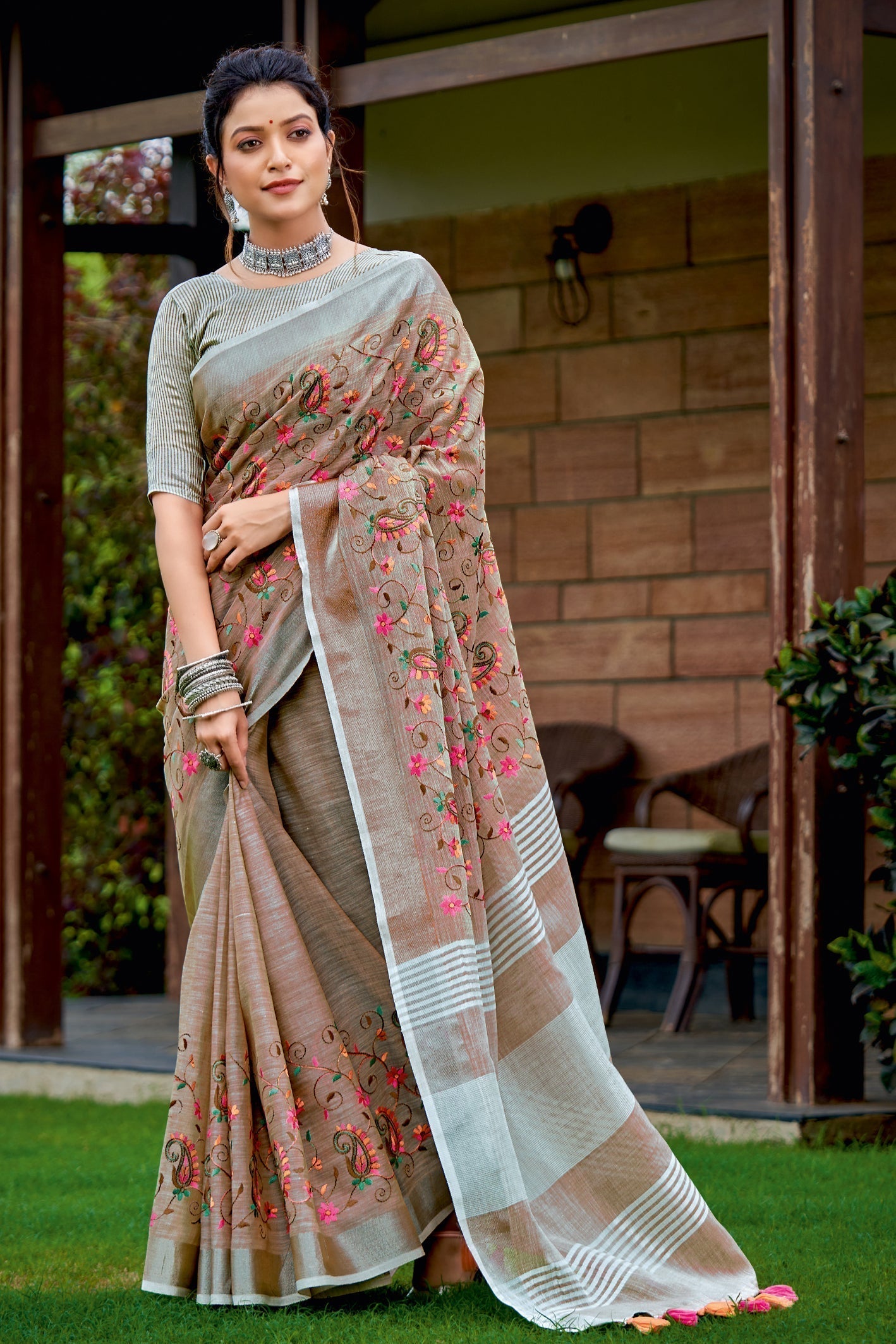 Leather Brown Handcrafted Linen Saree