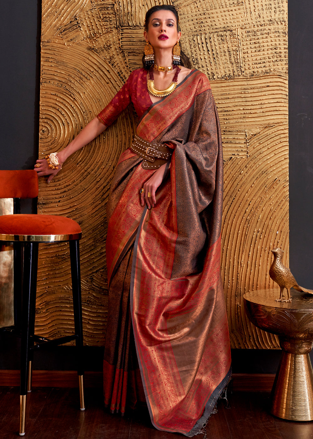 Roman Coffee Brown Chaap Handloom kanjivaram silk Saree