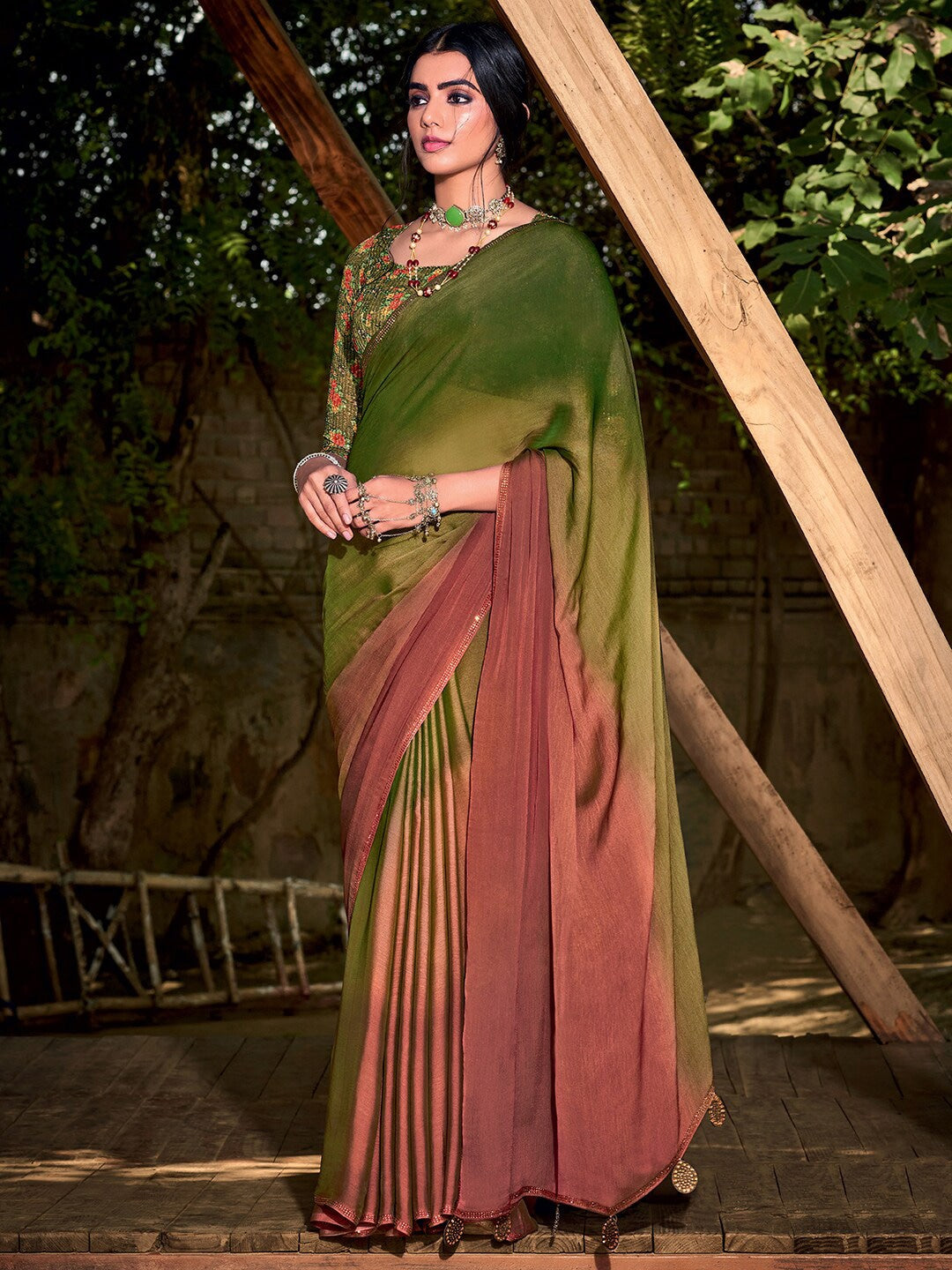 Woodland Green and Brown Chiffon Saree With Printed Blouse