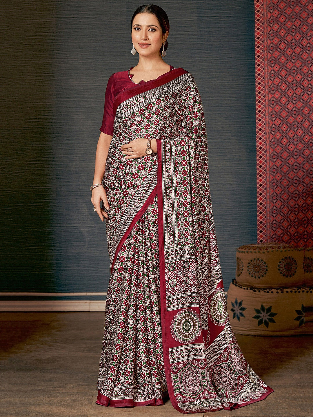 Dark Tan Maroon Digital Printed Ajrakh Satin Crepe Saree