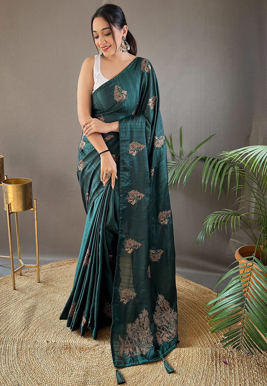 Timber Green Embroidered Tussar Silk Saree