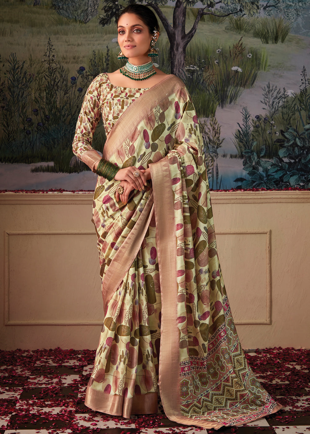 Arrowtown Green Woven Banarasi Tussar Silk Saree