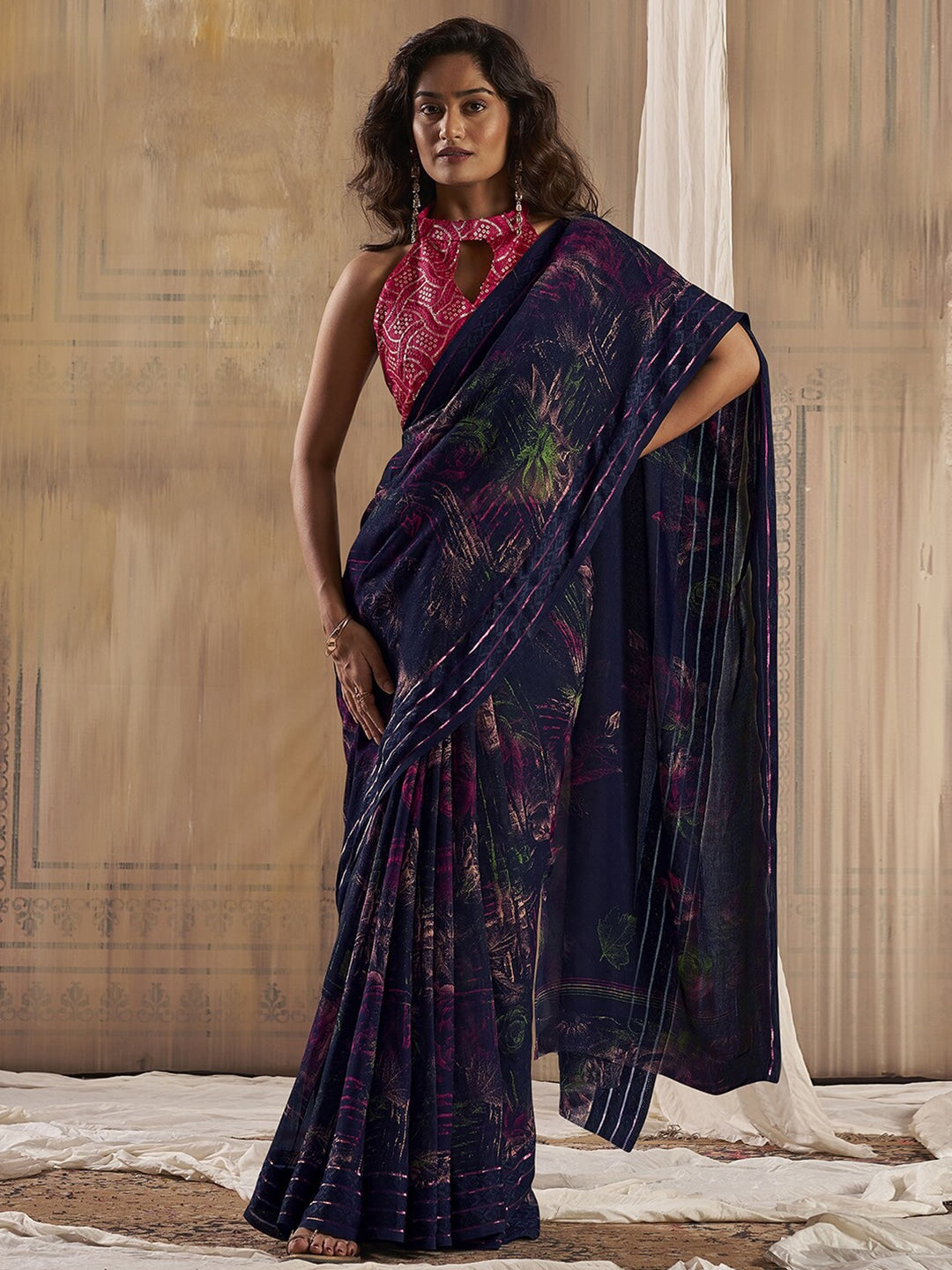 Cinder Black Georgette Chiffon Saree With Embroidery Blouse