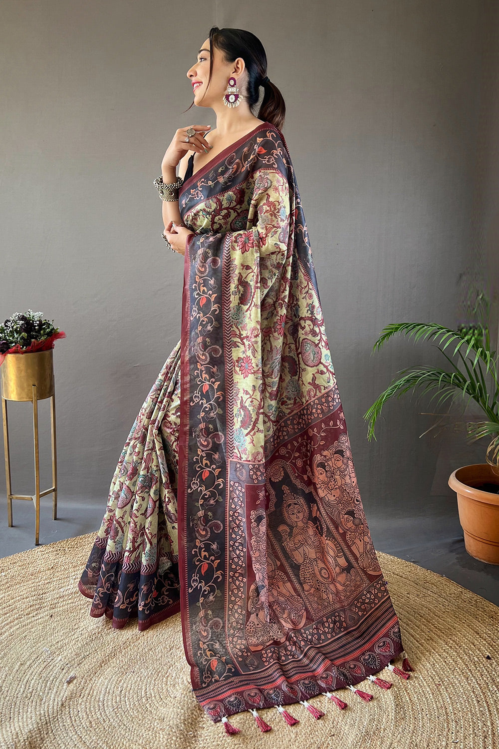 Yuma Yellow Printed Cotton Kalamkari Saree